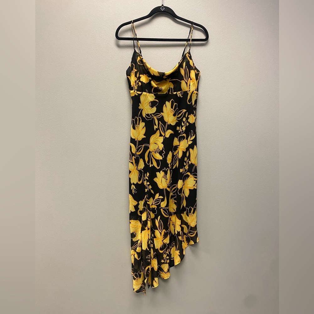 C/MEO On and Off Black and Yellow Floral Print Asymmetrical Midi Dress Sz Large - Picture 7 of 15